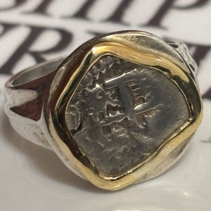 Authentic Spanish Cob -  1/2 Reales - Sterling Silver Ring with 14K Bezel