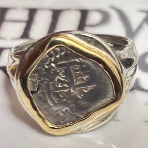 Authentic Spanish Cob -  1/2 Reales - Sterling Silver Ring with 14K Bezel