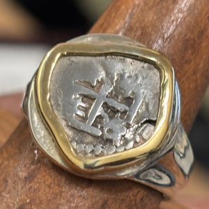 Authentic Spanish Cob -  1/2 Reales - Sterling Silver Ring with 14K Bezel