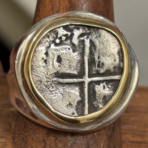 Authentic Spanish Cob -  1 Reales - Sterling Silver ring with 18K Bezel - Assayer "Q"