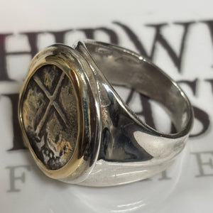 Authentic Spanish Cob -  1 Reales - Sterling Silver ring with 18K Bezel - Assayer "Q"