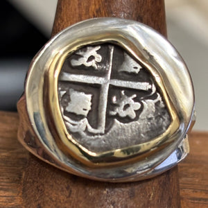 Authentic Spanish Cob  - 1 Reales -  Sterling Silver ring with 18K Bezel