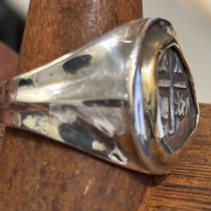 Authentic Spanish Cob  - 1 Reales -  Sterling Silver ring with 18K Bezel