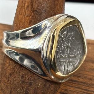 Authentic Spanish Cob -  1 Reales - Sterling Silver ring with 18K Bezel - Assayer "T"