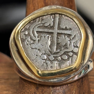 Authentic Spanish Cob -  1 Reales - Sterling Silver ring with 18K Bezel - Assayer "T"
