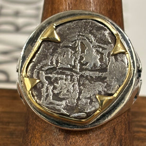 Authentic Spanish Cob  - Unknown Shipwreck - 1 Reales -  Sterling Silver ring with 18K Bezel -
