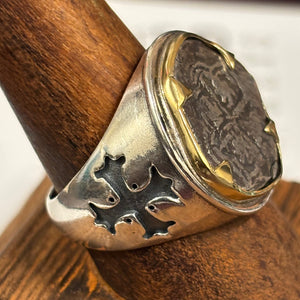 Authentic Spanish Cob  - Unknown Shipwreck - 1 Reales -  Sterling Silver ring with 18K Bezel -