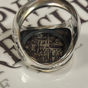 Authentic Spanish Cob  - Unknown Shipwreck - 1 Reales -  Sterling Silver ring with 18K Bezel -