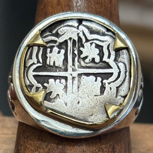 Authentic Spanish Cob  - Unknown Shipwreck - 1 Reales -  Sterling Silver ring with 18K Bezel - (Copy)