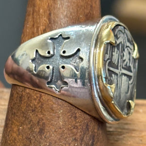 Authentic Spanish Cob  - Unknown Shipwreck - 1 Reales -  Sterling Silver ring with 18K Bezel - (Copy)