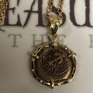 Widow Mites - Ancient Judea - 14K gold  bezel - (Gold filled Chain included)