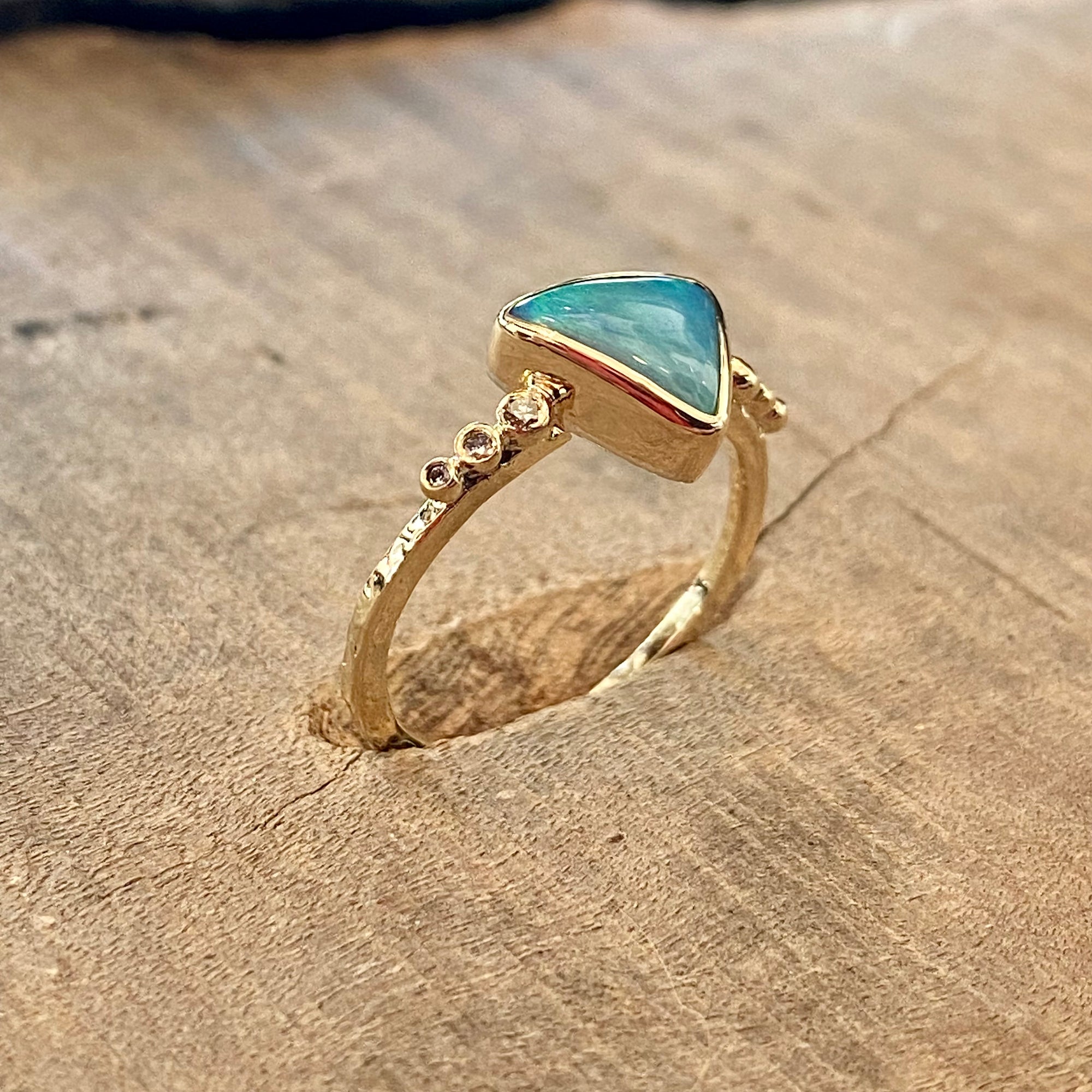 14k Australian Opal Triangle with Diamonds Ring