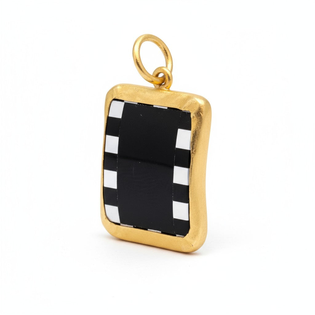 Onyx + Mother of Pearl Pendant.  Handcrafted in 24K Gold mount with Hammered Silver.