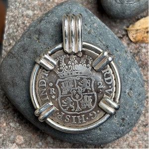 El Cazador Shipwreck - 8 Reales - Dated 1757 - Mounted in Sterling Silver with Sapphire accent on bale