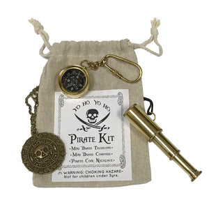 A pirate theme play kit for children, including a cloth bag, skull pirate coin necklace, brass compass key chain, and brass telescope necklace, displayed on a white background.