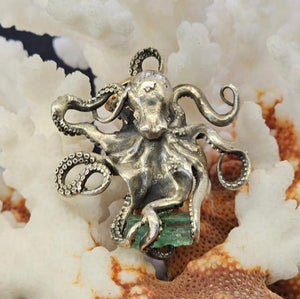 1715 Fleet Uncut Colombian Shipwreck Emerald in custom Sterling Silver Octopus by NTJ