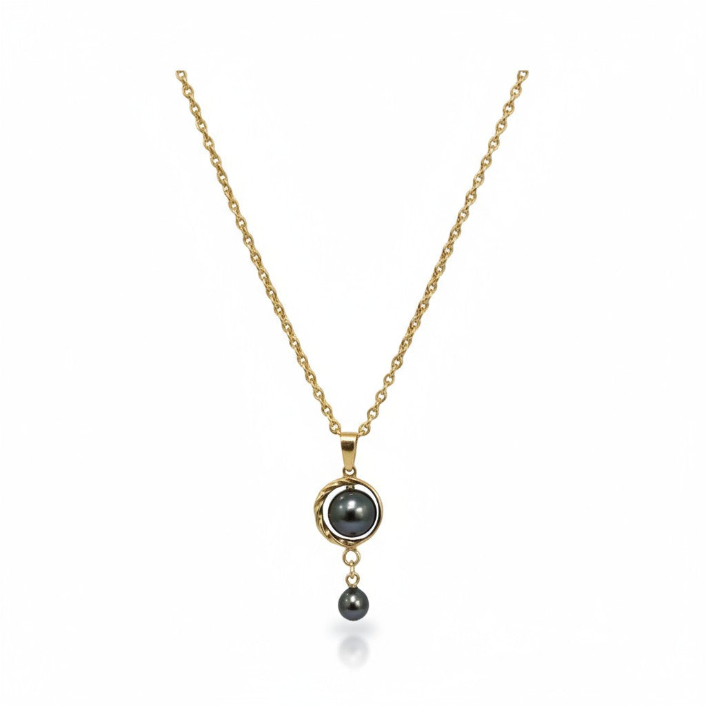 Tahitian Pearl Necklace - 14K Gold Custom Filigree pendant - Double Pearls