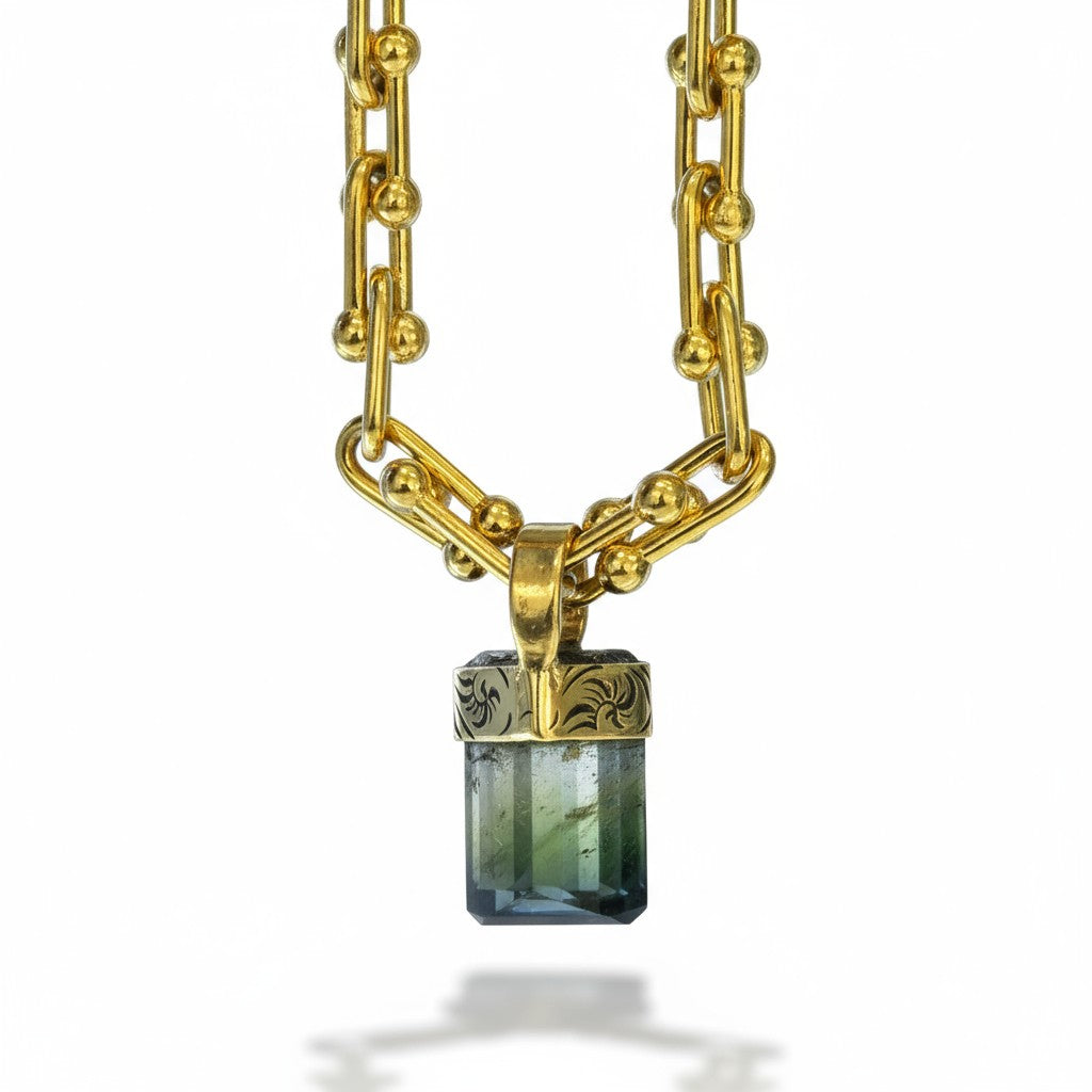 Green Tourmaline - 14k Yellow Gold Filigree Bezel