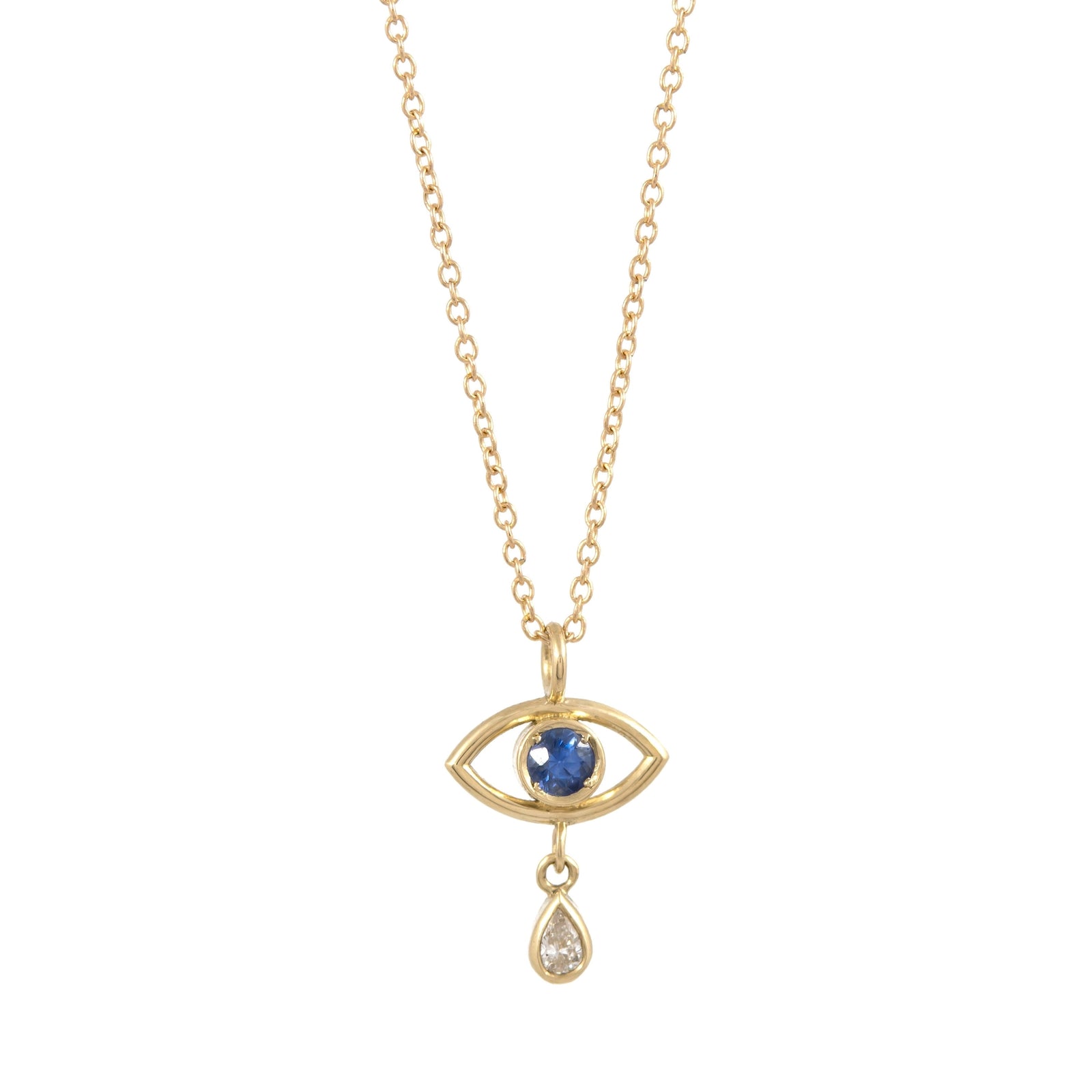 Evil Eye Tear Drop Necklace - 14k Gold - Diamonds and Sapphires