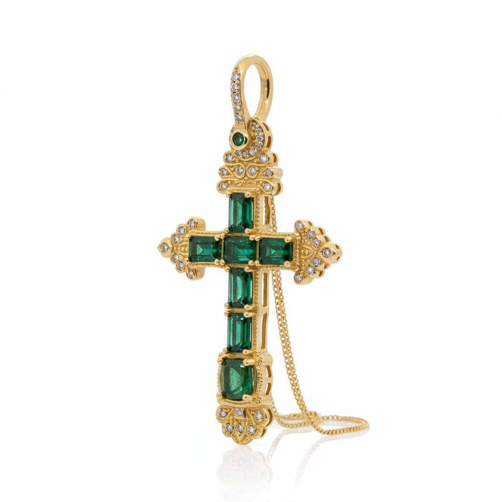 Atocha Bishop Cross in 14K gold.  Accented with 40 Diamonds  - accented with 5 Emeralds - 1715 Fleet Uncut Colombian Shipwreck Emerald