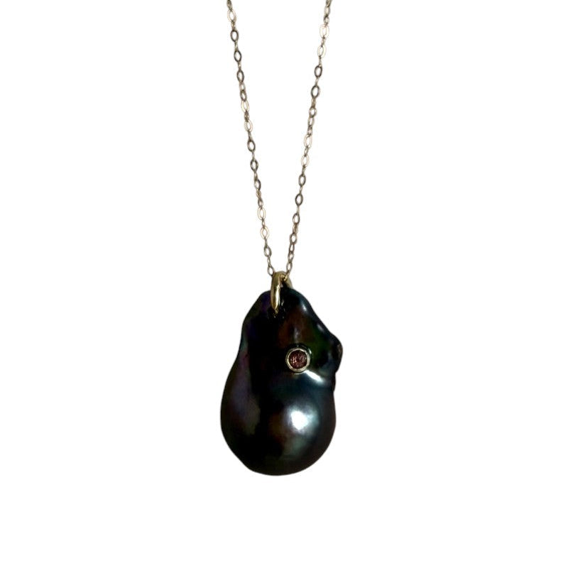 14k Gold 24inch Chain w/ Baroque Pearl & Inset Tourmaline