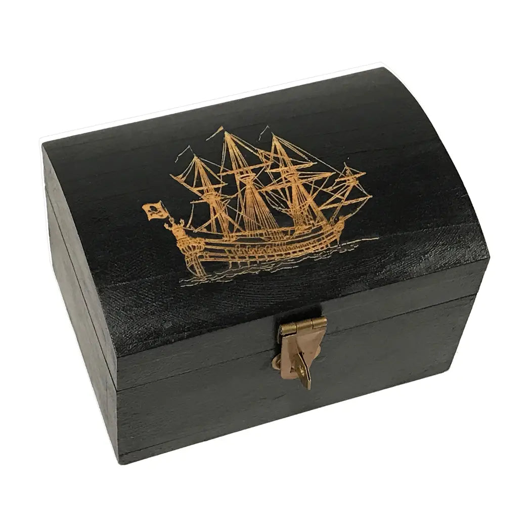 Engraved Pirate Ship Wood Treasure Chest