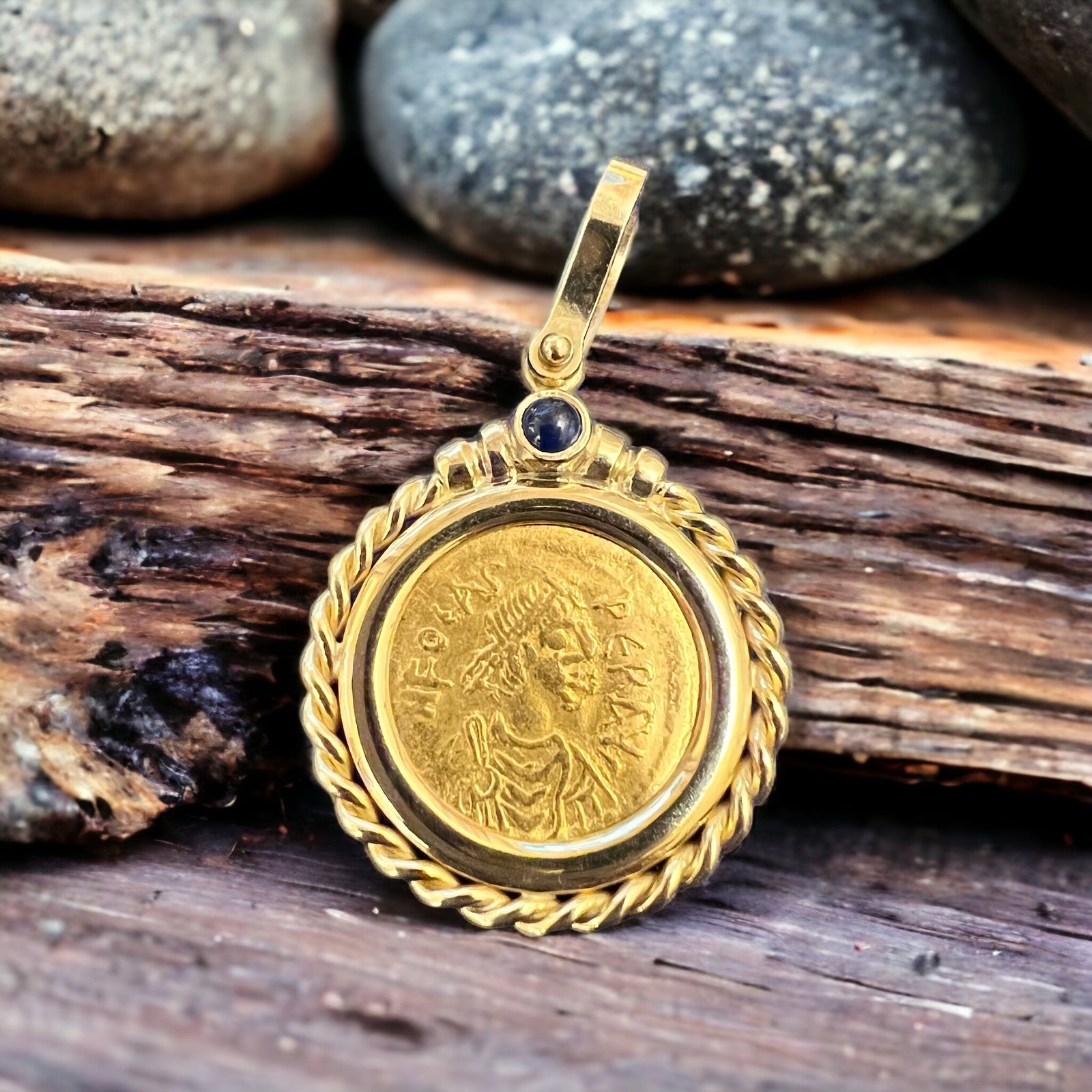 Ancient Byzantine - AV Tremissis (Phocas) - Circa 602-610 AD - Mounted in 18K gold with a Sapphire accent on the bale