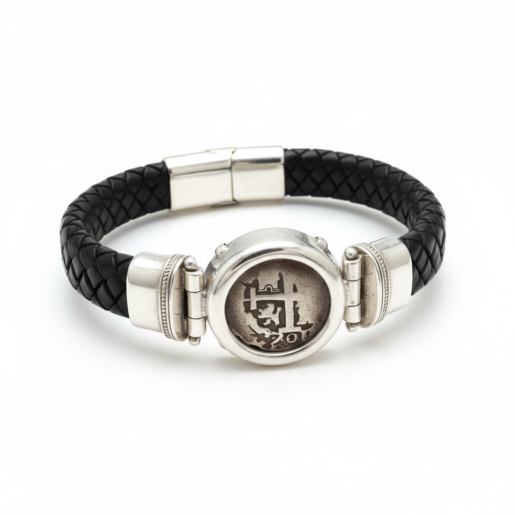 Authentic Spanish Cob - 1  Reales -  Leather bracelet with sterling silver bezel - Assayer "R"