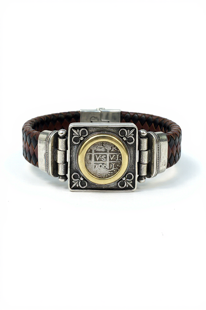 Authentic Spanish Cob - 1  Reales -  Leather bracelet with sterling silver bezel - Assayer "R"