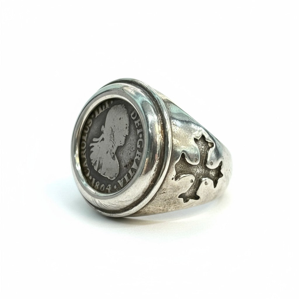 Authentic Spanish Cob - 1/2 Reales - Dated 1804 - Sterling Silver Colonial Ring - SIZE 10