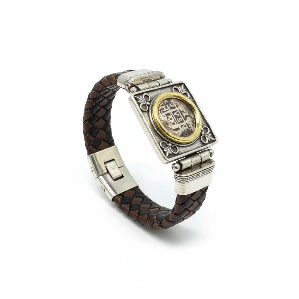 Authentic Spanish Cob - 1  Reales -  Leather bracelet with sterling silver bezel - Assayer "H" (1715 Fleet Assayer)