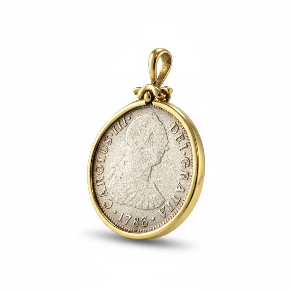 El Cazador Shipwreck - 2 Reales  - Dated 1783  - Grade Fine Plus - Mounted in 14K gold