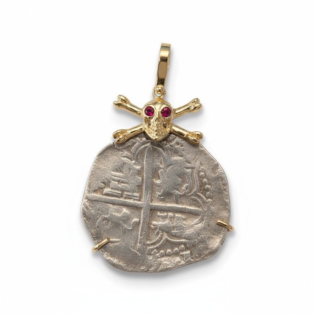 Authentic Spanish Cob - 4 Reales - Assayer "Q"  (1612-1616) - Presented in 14K skull and crossbones with Ruby accented  eyes