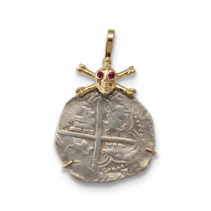 Authentic Spanish Cob - 4 Reales - Assayer "Q"  (1612-1616) - Presented in 14K skull and crossbones with Ruby accented  eyes