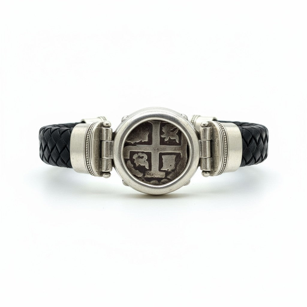 Authentic Spanish Cob - 1  Reales  -  Leather bracelet with sterling silver bezel
