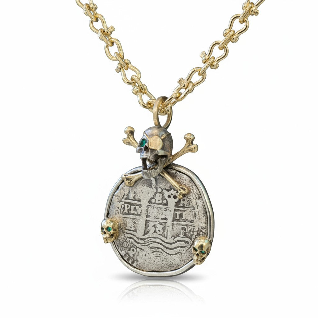 La Capitana Shipwreck - 8 Reales - Dated 1653 on both sides - Custom Skull and Cross bone mount by 'NTJ'