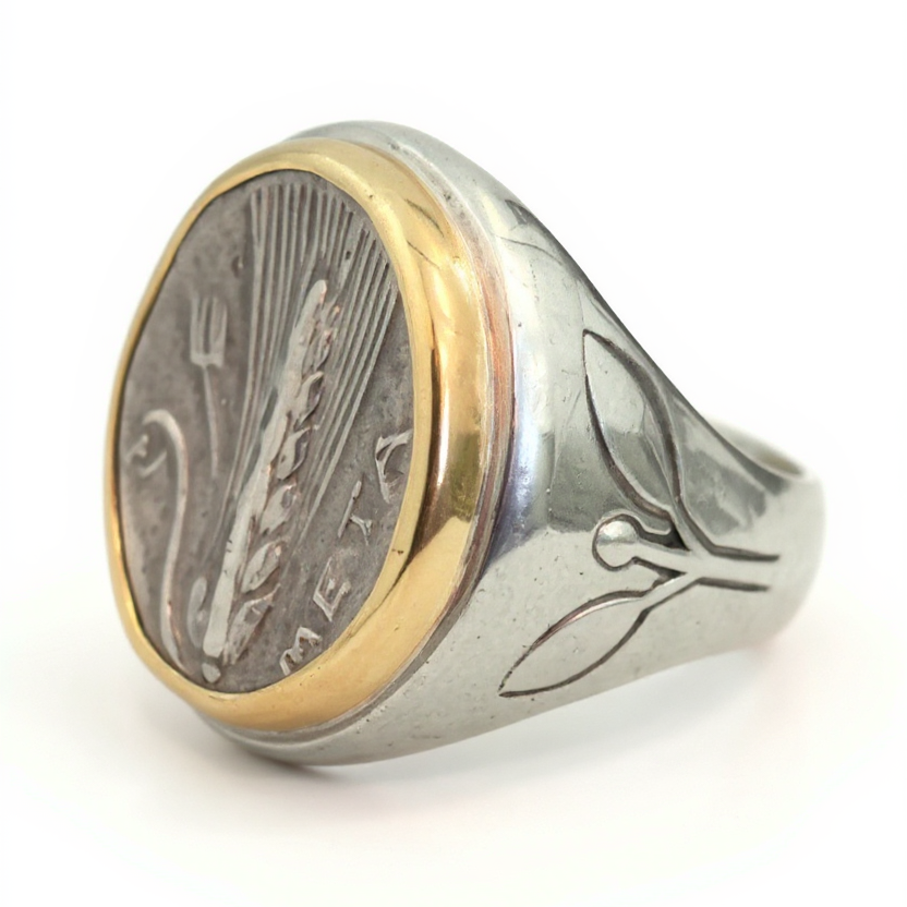 Ancient Greek - Metapontium - Nomos - Sterling & 18k Ring