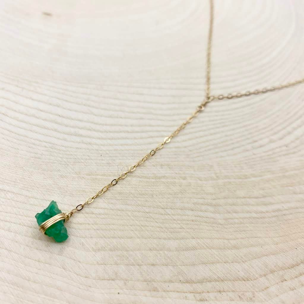 Raw Emerald Pendant -  14k Gold Filled Lariat Necklace
