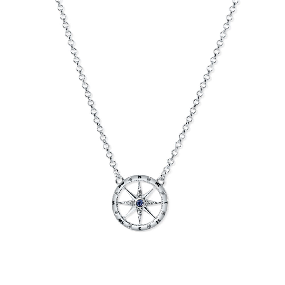 Compass Rose Necklace - Sterling Silver with Blue Zircon and White Compass Rose Necklace - Sterling Silver with Blue Zircon and White