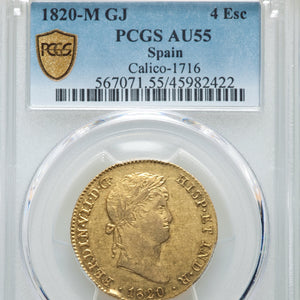 Spanish gold coin - Ferdinand VII  - 4 Escudos - Madrid Mint - Dated 1820 - Presented in a custom 14k mount with Sapphire accents