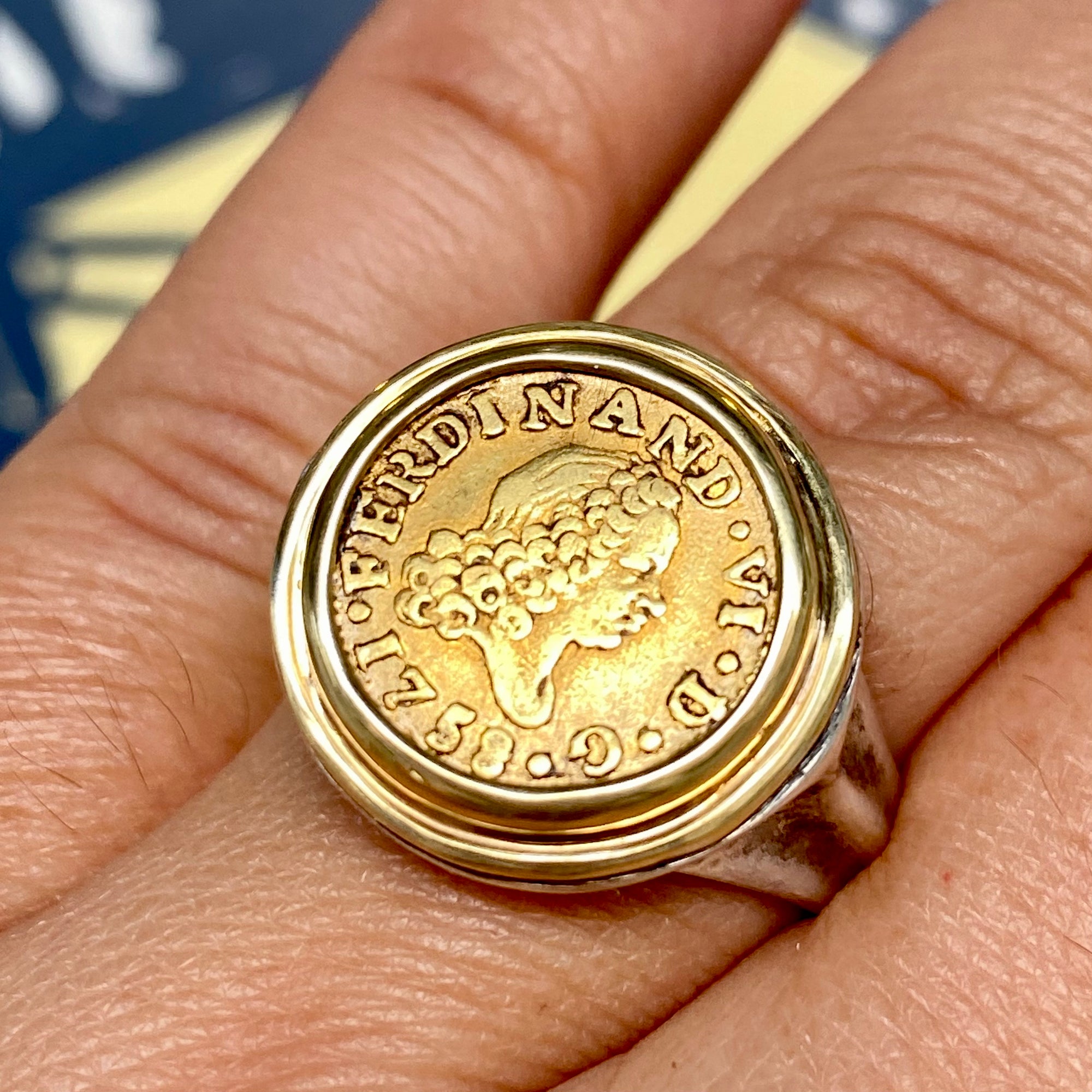 Gold 1/2 Escudo - Mint: Madrid, Spain - Grade NGC AU 53 - Custom mounted in a Sterling ring with an 18K gold bezel.