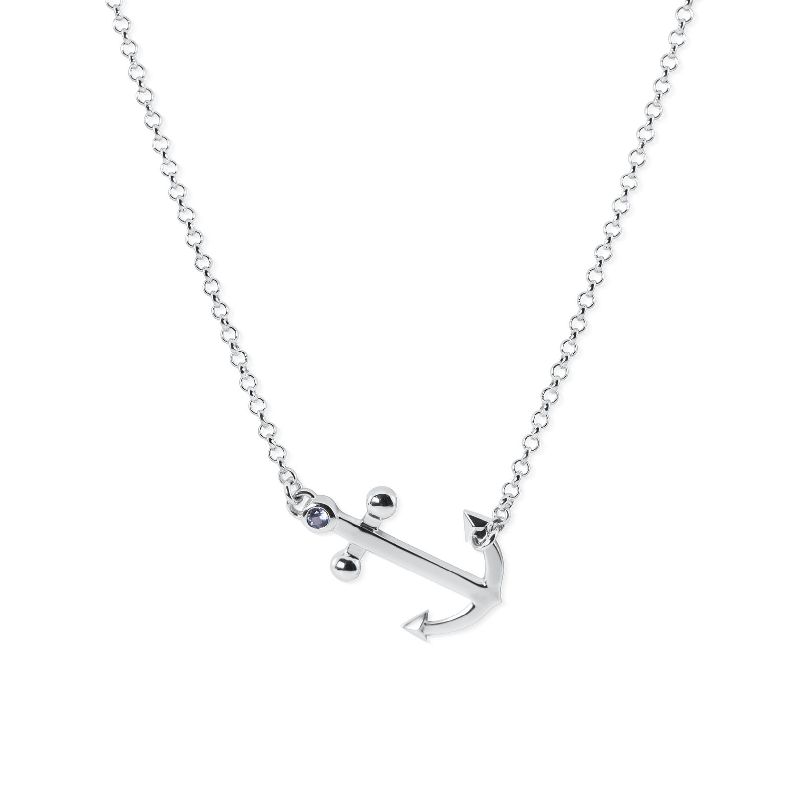 Sterling Silver Anchor Necklace.  Accented with a Blue Zircon