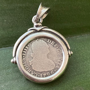 Authentic Spanish Milled Coin  - 1 Reales - Dated 1796 - Mounted in Sterling Silver - Chain included