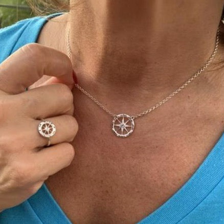 Compass Rose Necklace - Sterling Silver with Blue Zircon and White
