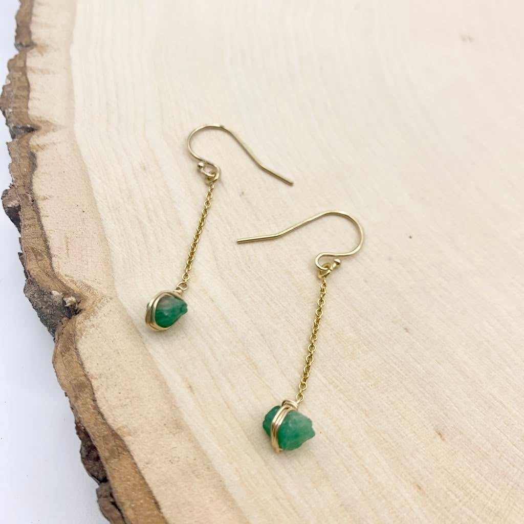 Raw Emerald Crystal 14k Gold Filled Earrings