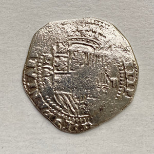 Atocha 1622 Shipwreck - 2 Reales - Early Assayer "B" - Juan Ballesteros - (1577-1586) - Presented in an 18K gold frame with diamonds all around .