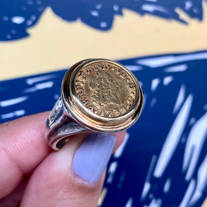 Gold 1/2 Escudo - Mint: Madrid, Spain - Grade NGC AU 53 - Custom mounted in a Sterling ring with an 18K gold bezel.