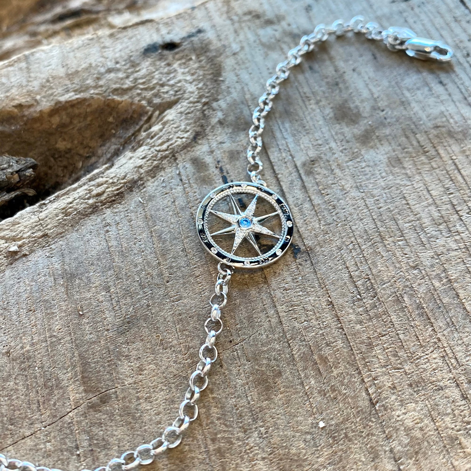 Compass Rose Bracelet -  Sterling Silver with Blue Zircon and White Crystals
