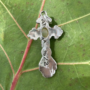 Atocha Bishops Cross - Hand cast in Key West using Atocha silver in its purest form.  The gemstone is an Australian Opal.