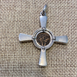 Ancient Widows Mite - Biblical coin minted in Judea during the time of Christ. - Mounted in Sterling Silver Cross  (includes chain)